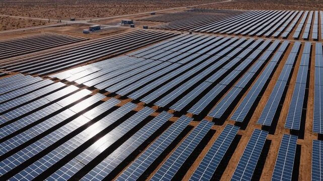Aerial View of Solar Panels in Desert Landscape, Renewable Energy Facility