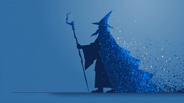 青い粒子に溶けていく魔法使いのシルエットを描いた幻想的なイラスト