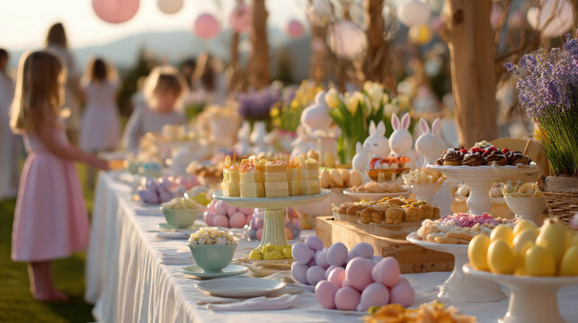 Festive Easter Garden Party with Long Table Displaying Delicious Treats, Colorful Decorations, and Joyful Guests Enjoying the Celebration