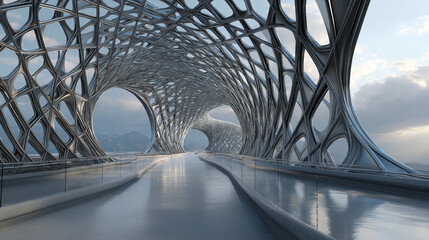 Honeycomb metal structure passage with strong texture and dotted lights, for sci-fi and industrial style projects