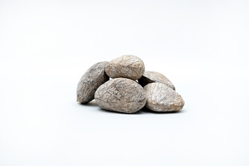 Eye-level shot of a small pile of dried, rough-shelled Kluwek (Pangium edule) seeds on a white background, central to Southeast Asian cuisine for their dark pulp