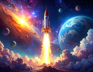 Fototapeta premium Cartoon rocket blasting off toward vibrant cosmos with planets and nebulas