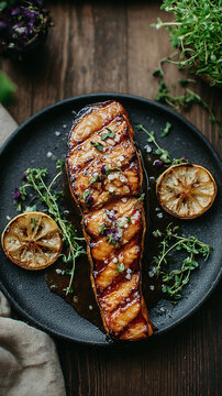 Moody restaurant-style image features a grilled salmon steak with elegant plating. Rustic styling emphasize fine dining presentation.
