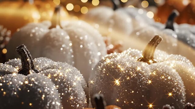 Seamlessly looping abstract holiday background texture of gently illuminated frosted white pumpkins with smooth warm light rays passing across the scene energy, clean, seasonal