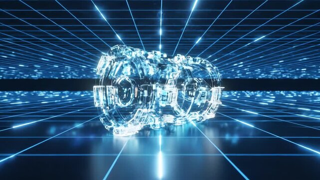 Seamlessly looping abstract motion graphic displaying a glowing high-tech structural framework rolling steadily across a digital blue grid representing guidance and stability moving grid, success