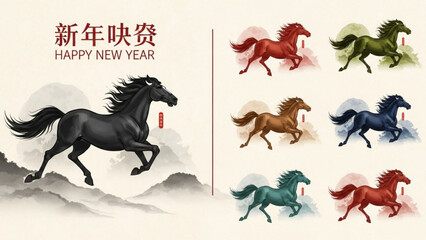Obraz premium Collection of majestic horses in various colors symbolizing power and freedom perfect for Chinese New Year and cultural celebrations