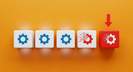 Sequence of gear blocks showing process failure and critical system breakdown alert