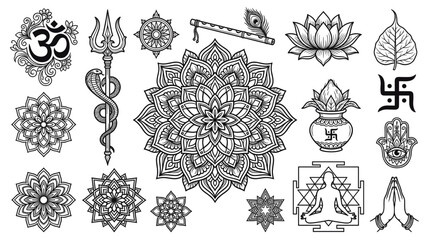 Detailed Hindu spiritual symbols set black line vector drawing