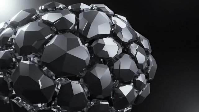 Seamlessly looping abstract motion graphic featuring sharp, polygonal geometric armor plates rapidly shifting and interlinking in a deep black void readiness, cybernetic, background