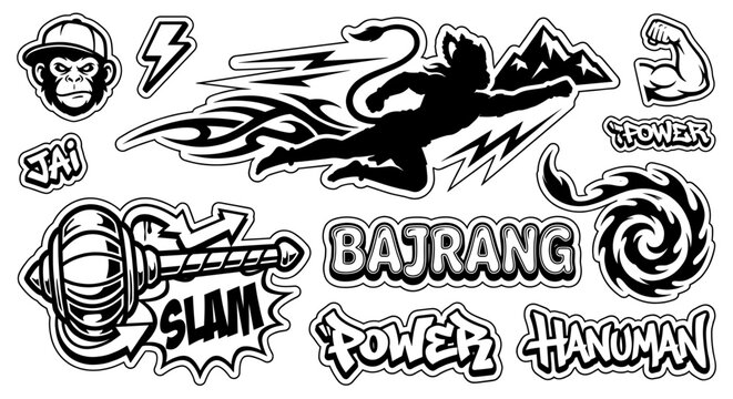 Powerful Hanuman mythological and graffiti stickers outline vector set