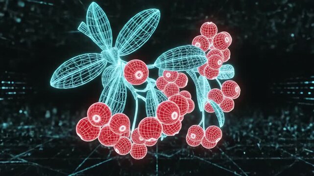 Seamlessly looping abstract motion graphic featuring three-dimensional rotating wireframe models of lingonberry branches and small spherical red berries botanical geometry, graphic template
