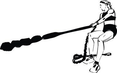 The female athlete is getting a weighted sled pull