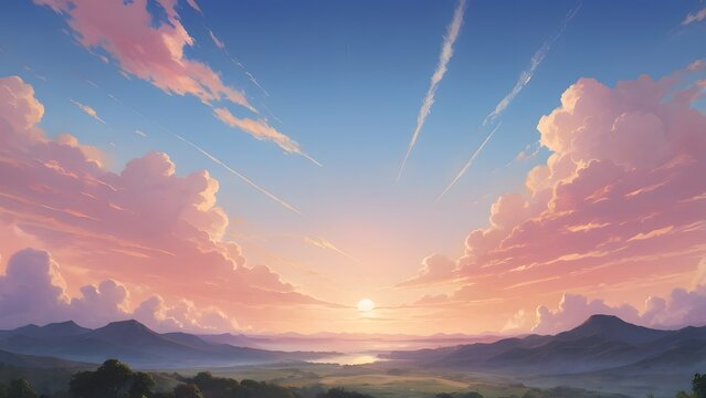 Vibrant sunrise over a rolling landscape, with soft clouds painted in hues of pink and orange across a clear blue sky.  Anime Style Backgrounds