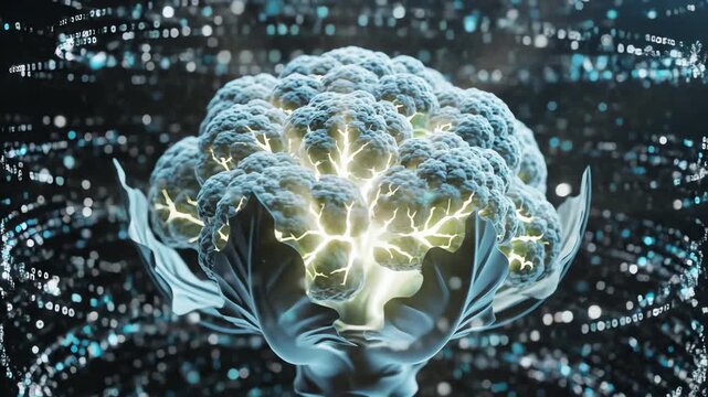 Seamlessly looping abstract motion graphic of a stylized cauliflower pulsing with soft internal light symbolizing organic health and digital nutrition data visualization, diet, internal