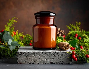 Amber glass jar on a block amid greenery and berries
