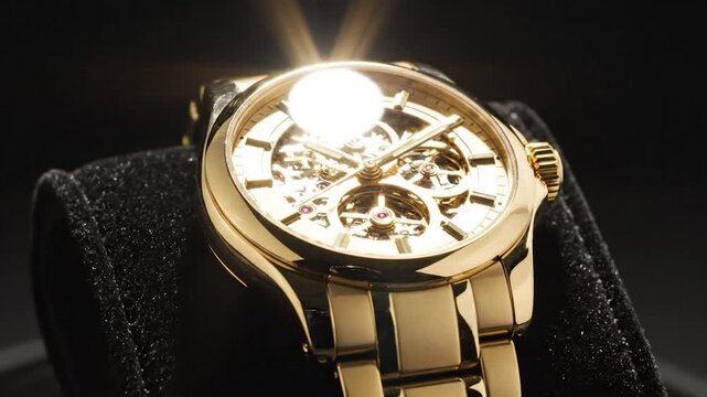 Luxury gold watch with skeleton dial and leather strap