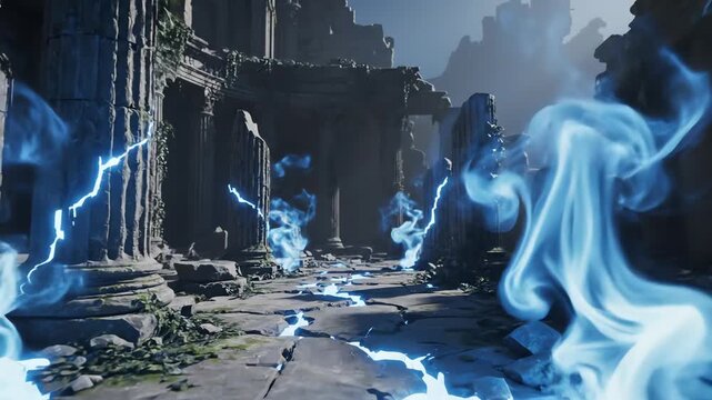Seamlessly looping abstract motion graphic of glowing ethereal energy wisps and faint blue light emanating from the stone cracks and pillars of an idealized ancient ruined sanctuary ancient, network