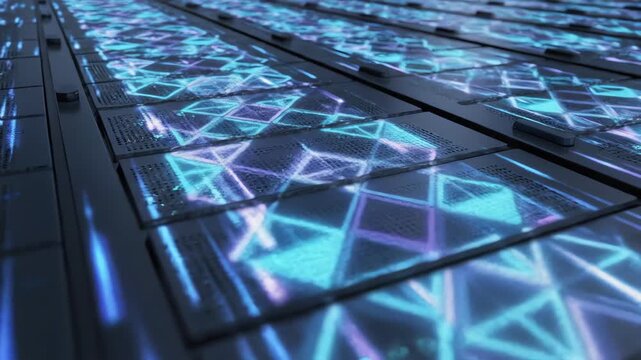 Seamlessly looping abstract motion graphic of glowing geometric light patterns flowing across stylized server panels representing infinite data transmission light, artificialintelligence, motion