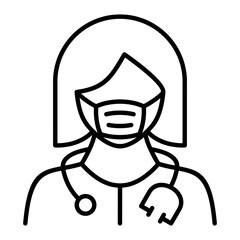 Female medical professional line icon, likely a surgeon specialist, representing specialized healthcare, operating room procedures, diagnostic service and medical consultation.