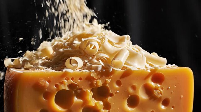 Seamlessly looping abstract motion graphic of highly detailed parmesan cheese shavings continuously falling onto a rough block of aged cheddar cheese design element, movement, cheese texture