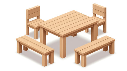 Wooden outdoor furniture set with table and benches isolated on white background