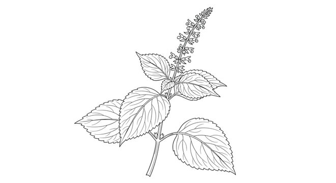 Detailed black and white line art botanical drawing of a leafy herb, possibly Perilla or Basil, showcasing its serrated leaves and an upright flowering spike.