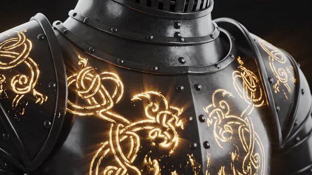 Seamlessly looping abstract motion graphic of intricate patterns and golden reflections shimmering across the curved surface of polished dark medieval plate armor dark, power, etching
