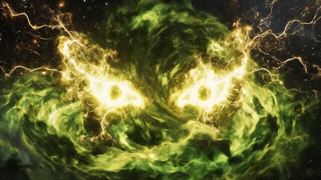 Seamlessly looping abstract motion graphic of malevolent sickly green and yellow plasma energy swirling like demonic glowing eyes in dark cosmic space vigilance, horror, green