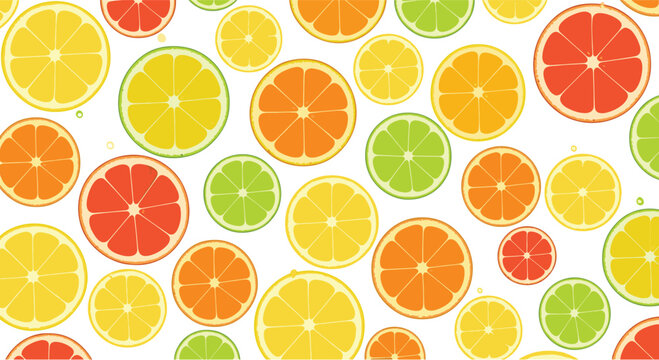 Vibrant seamless pattern with slices of fresh citrus fruits like lemons, limes, oranges, and grapefruits on a white background.