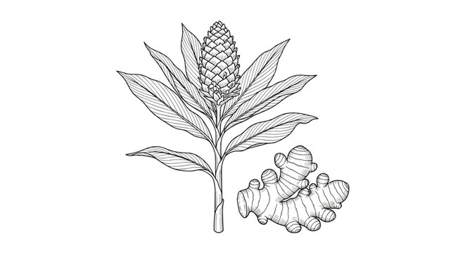 Detailed botanical illustration of a ginger plant (Zingiber officinale) featuring its characteristic flower and the culinary rhizome root used as a spice and herb.