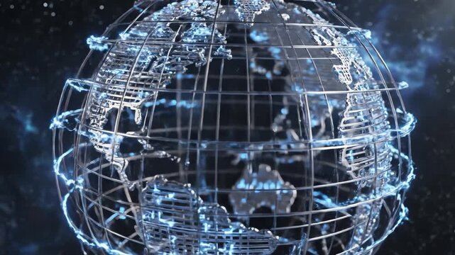 Seamlessly looping abstract motion graphic of polished metallic lines forming an infinitely scrolling global grid network symbolizing connectivity and travel routes motion loop, clean aesthetic