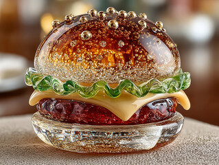 a glass sculpture of a hamburger, meticulously crafted with various layers representing the different components of a burger. The sculpture includes a bun, lettuce, cheese