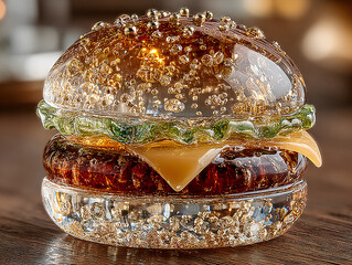 a glass sculpture of a hamburger, meticulously crafted with various layers representing the different components of a burger. The sculpture includes a bun, lettuce, cheese