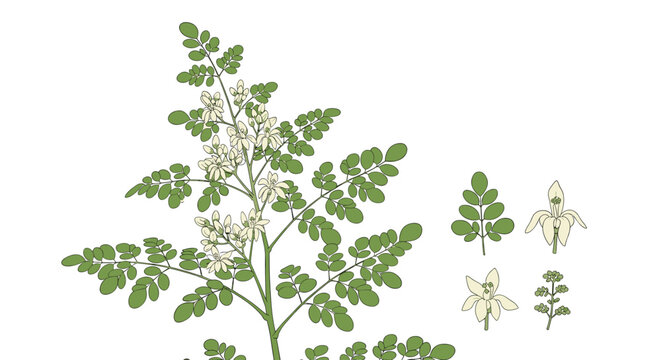 Moringa oleifera plant with its distinctive leaves and white flowers, presented as a botanical illustration on a white background.