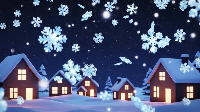 Seamlessly looping abstract motion graphic of stylized geometric snowflakes falling over simple illuminated miniature houses corporate, geometric, stylized