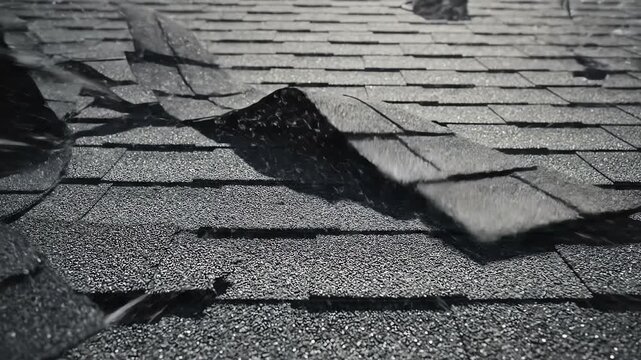 Seamlessly looping abstract motion graphic of strong wind rapidly lifting, flapping, and bending loose dark asphalt shingles creating a hazard crisis, risk, damage