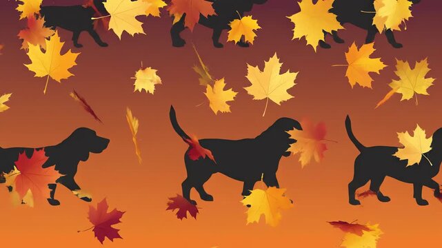 Seamlessly looping abstract motion graphic of stylized dark dog silhouettes walking across a gradient background with gently floating and falling autumn-colored foliage shapes movement, technology