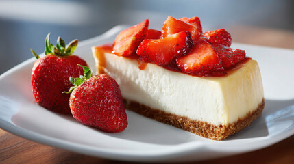 Classic New York Style Cheesecake with Fresh Strawberry Topping on White Plate