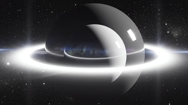 Seamlessly looping abstract motion graphic of two monochromatic celestial spheres aligning to create an intense annular eclipse halo effect universe, fantasy element, mystery