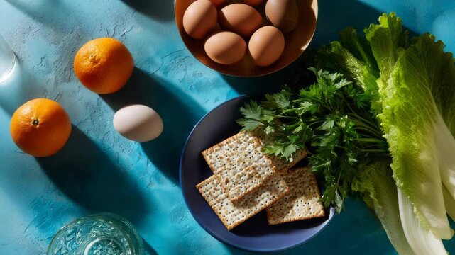 Passover Seder plate with matzah, greens, egg, oranges, on blue background