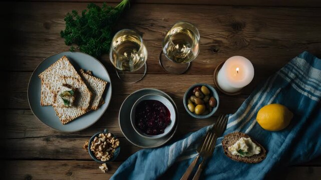 Festive Passover Seder Table Setting with Matzah and Wine Still Life