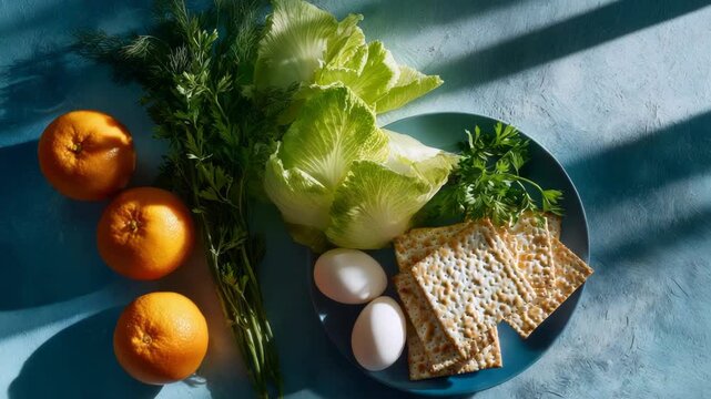 Passover Seder plate arrangement with matzah, eggs, greens and oranges