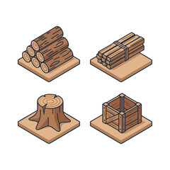 Isometric wooden logs and crates vector set for mining material.
