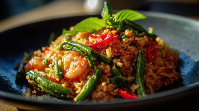 Stir-Fried Thai Sataw Rice with Shrimp and Green Beans Topped with Fresh Basil and Chili Peppers on a Black Plate