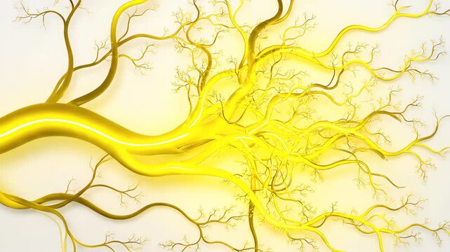 Seamlessly looping abstract motion graphic of yellow vines and glowing tendrils growing and spreading across a sterile pure white digital canvas growth concept, seamlessly looping