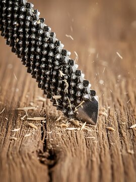 Close-up of rasping wood with a metal woodworking tool, with wood shavings