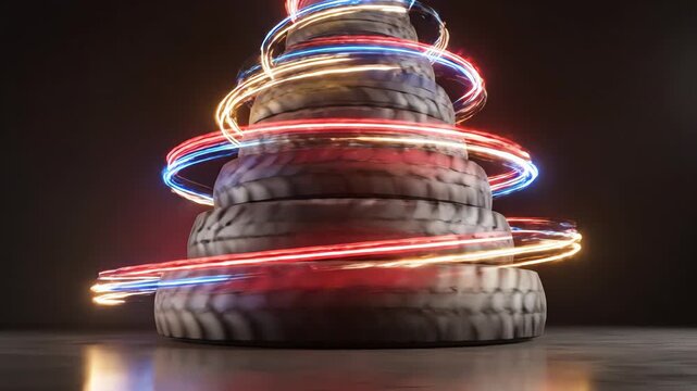Seamlessly looping abstract motion graphic showing fast light trails circling the conical shape of a Christmas structure built entirely from gray industrial tires design, structure, industrial