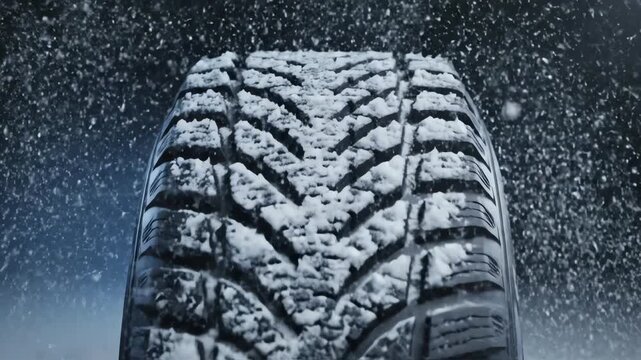 Seamlessly looping abstract motion graphic showing fine snow particles flowing and settling onto the aggressive tread pattern of a cold winter tire protection, texture, energy