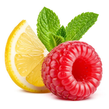 Vibrant raspberry, lemon slice, and mint leaves for healthy diet isolated on transparent background
