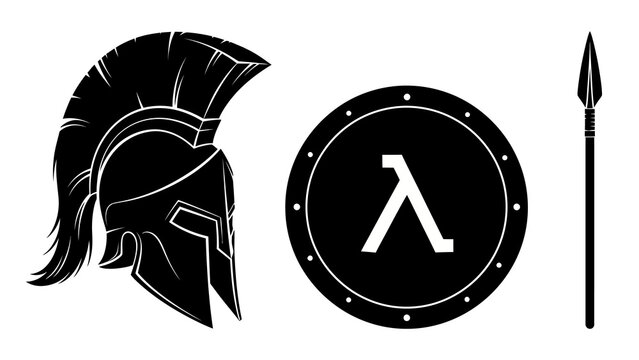 Ancient Greek warrior emblem set with helmet, shield, and spear